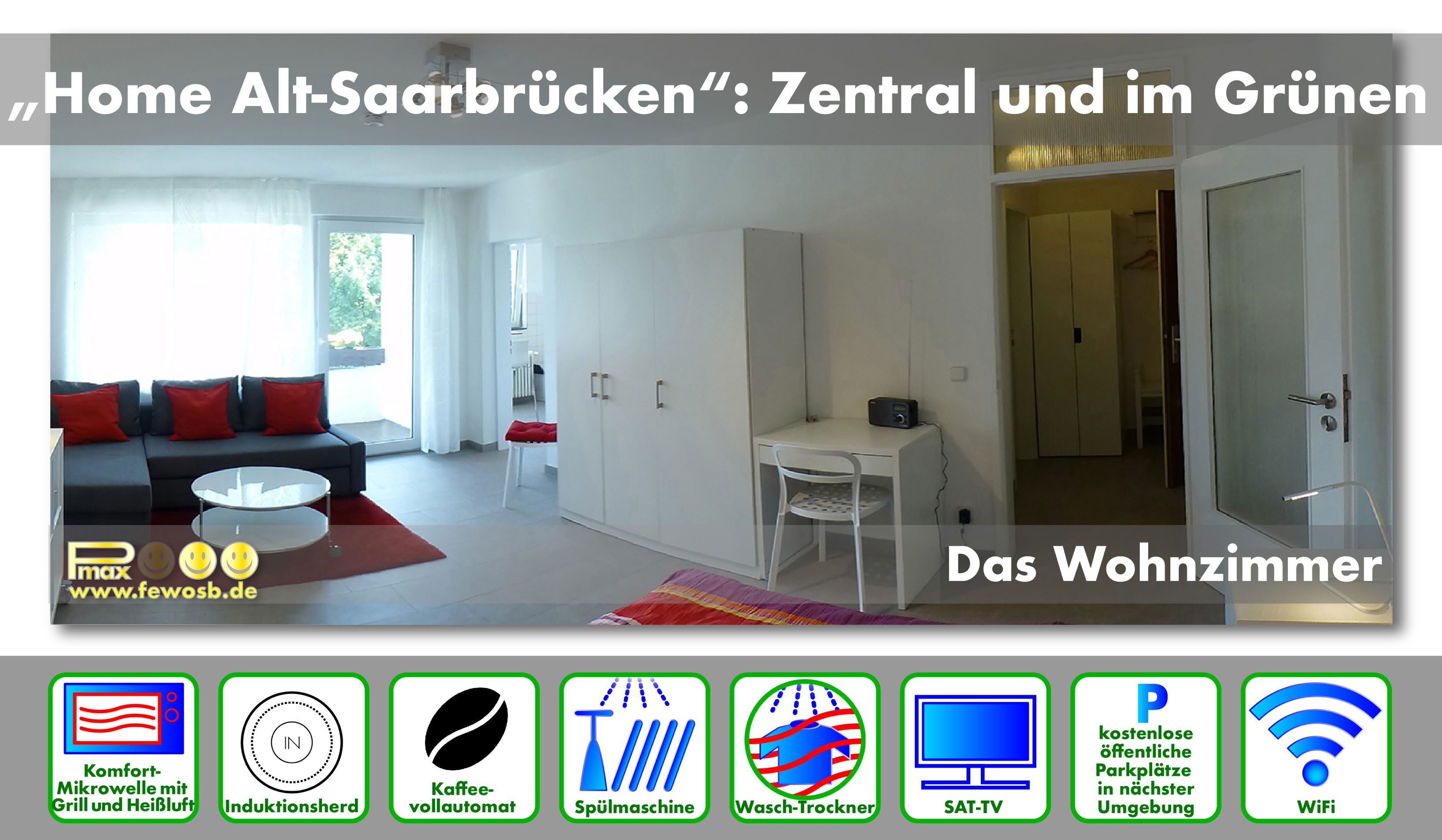 In diesem Raum befinden sich das Bett (180cm breit), ein kleiner Schreibtisch, ein Kleiderschrank, die Couchg mit Couchtisch und TV-Regal und der Zugang zur sonnigen Loggia.